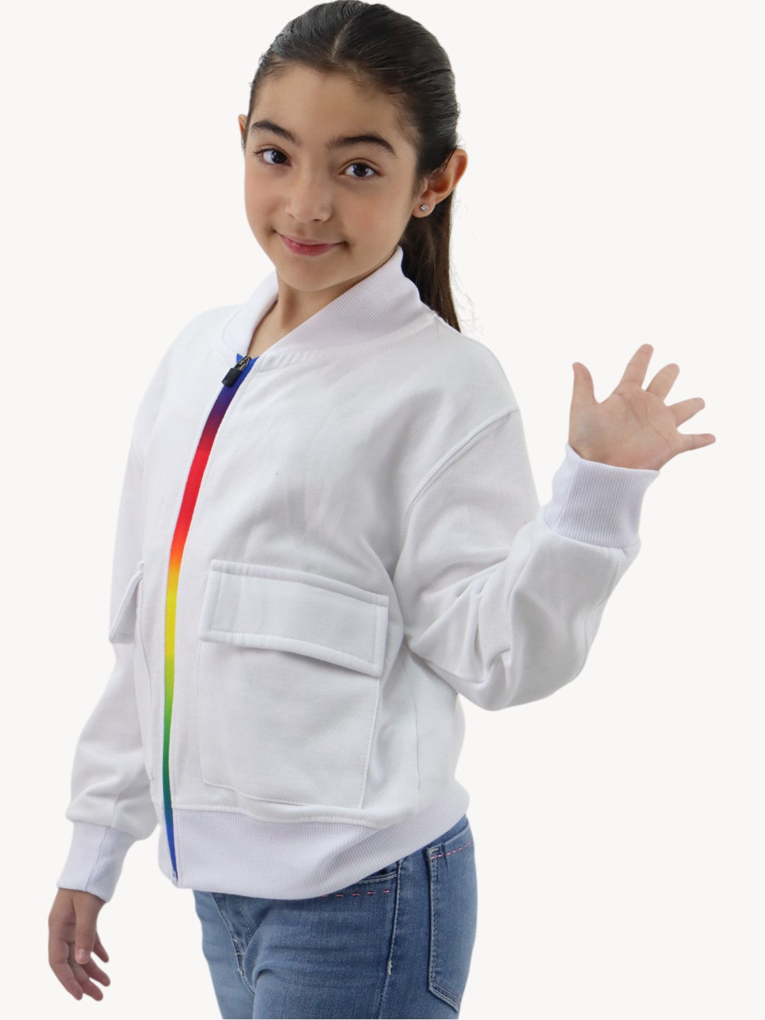 Sudadera blanca con cierre multicolor