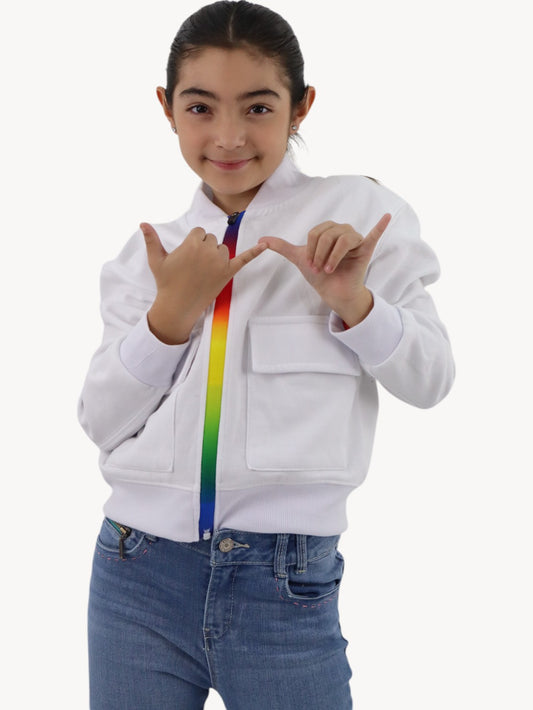 Sudadera blanca con cierre multicolor