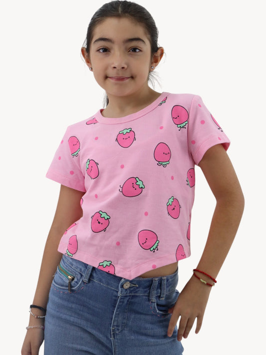 Playera rosa con print de fresas