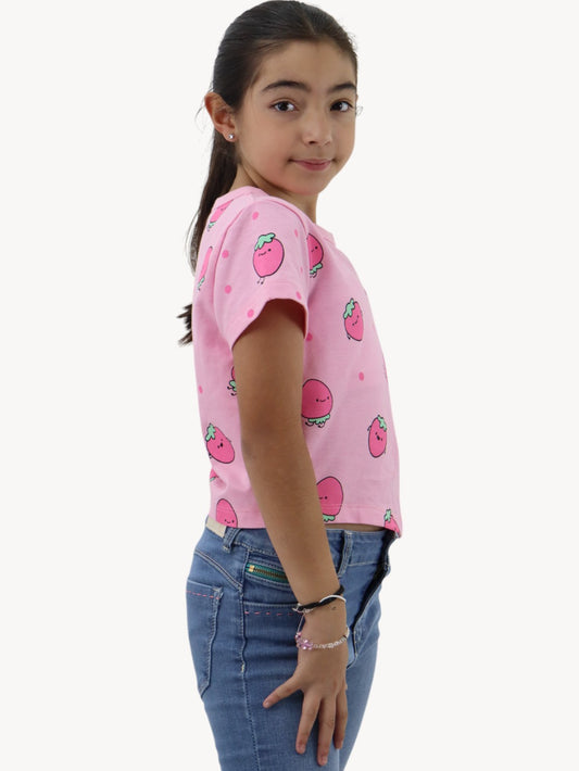 Playera rosa con print de fresas