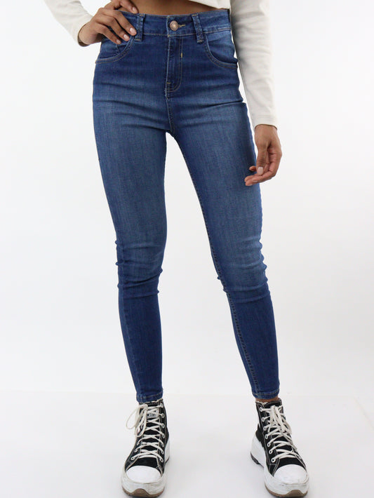 Jeans skinny tiro alto de color azul medio