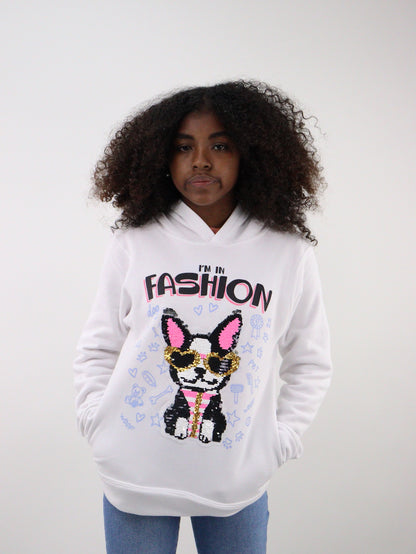 Sudadera cerrada de color blanco con lentejuela reversible