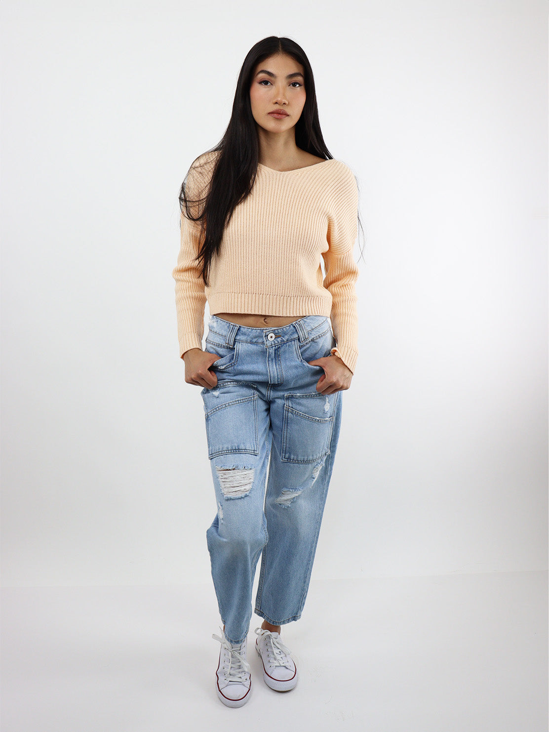 Jeans mom clasic azul claro con destrucción
