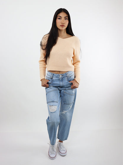 Jeans mom clasic azul claro con destrucción