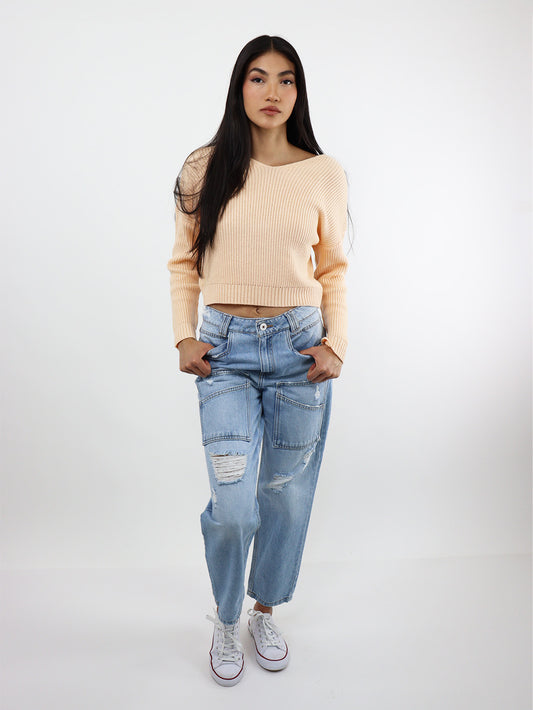 Jeans mom clasic azul claro con destrucción