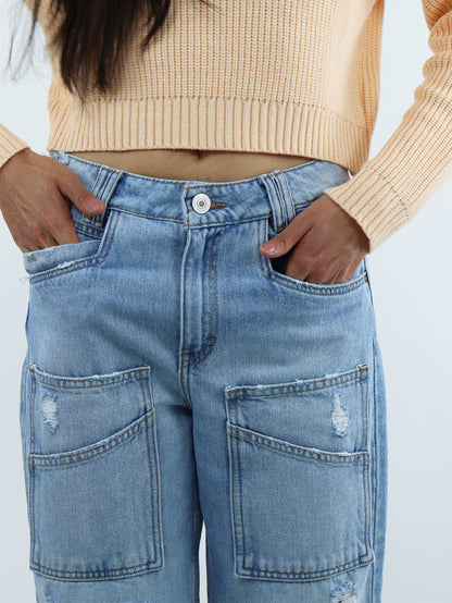 Jeans mom clasic azul claro con destrucción