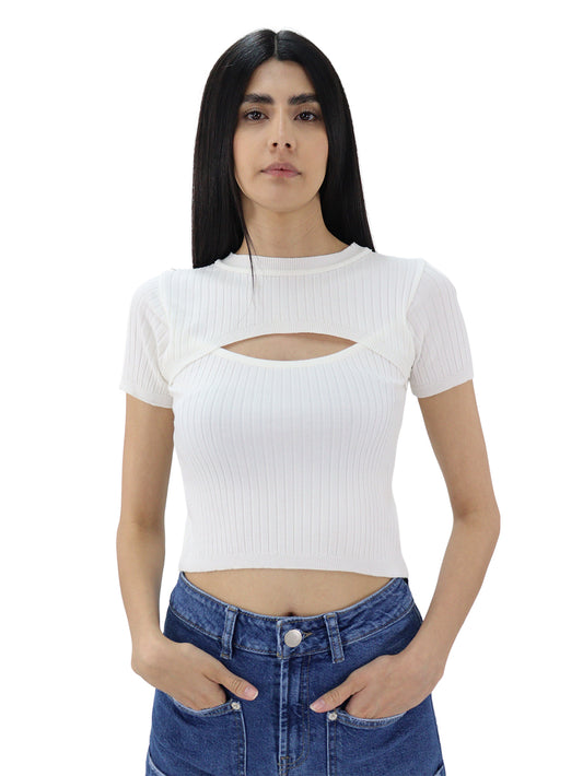 Blusa de punto manga corta color blanco con abertura