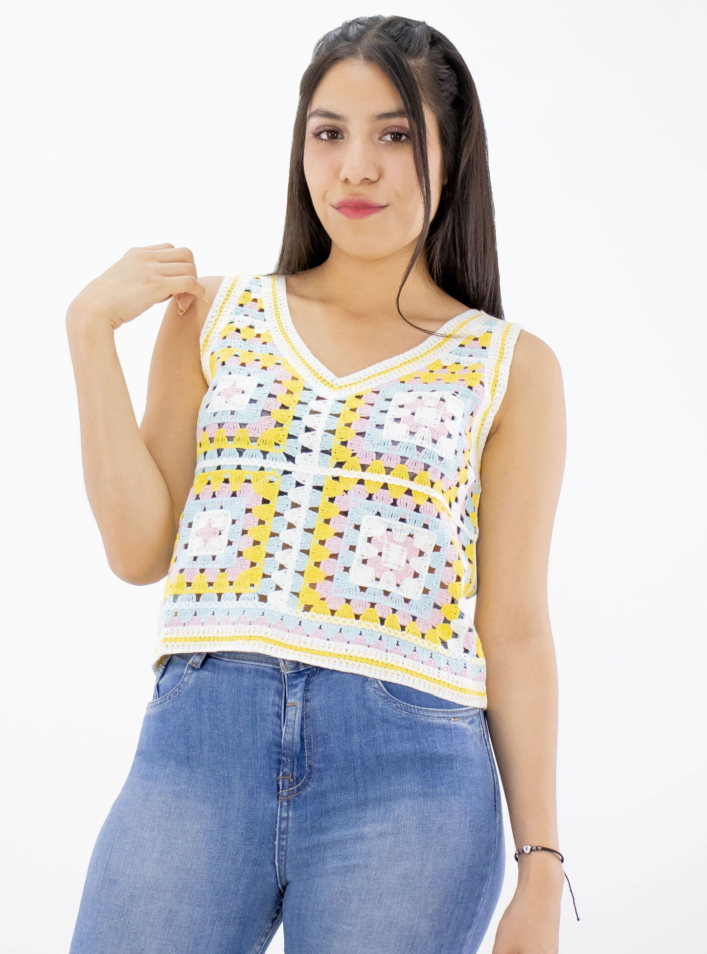 Top blusa crochet tejido fino de color amarillo/rosa